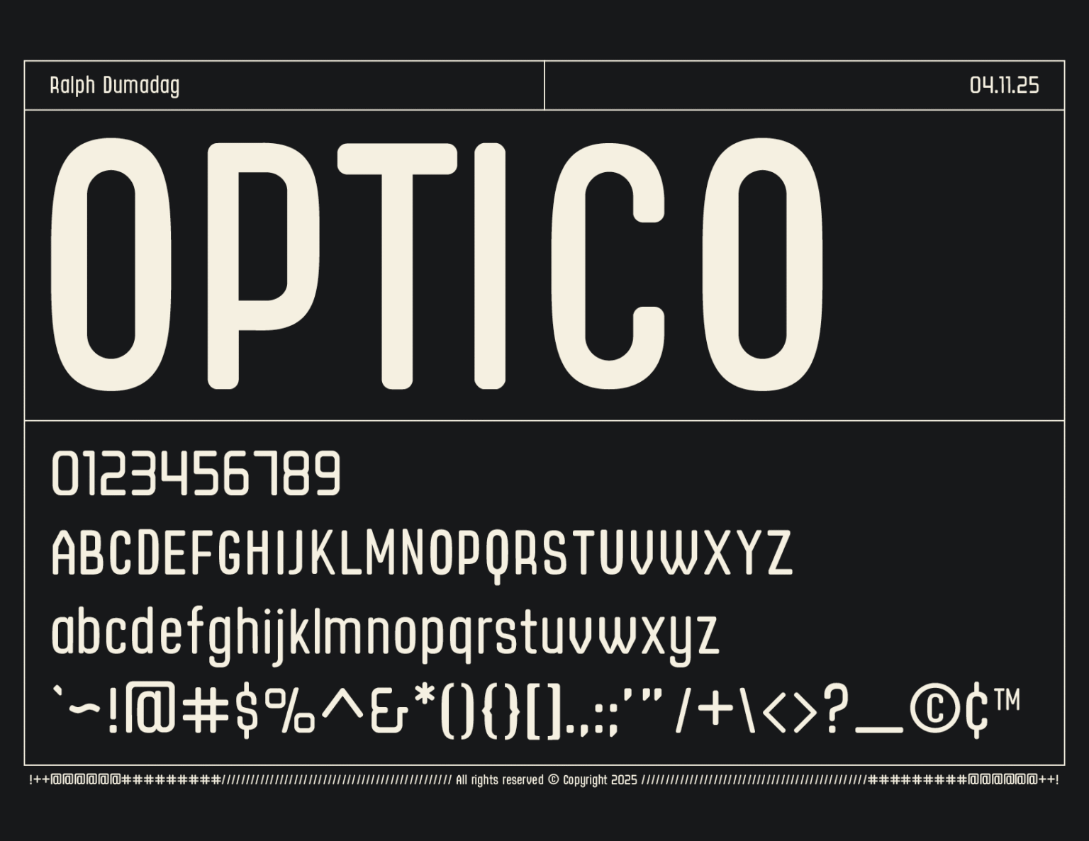 Image of the font Optico with a list of all the letters, numbers and symbols