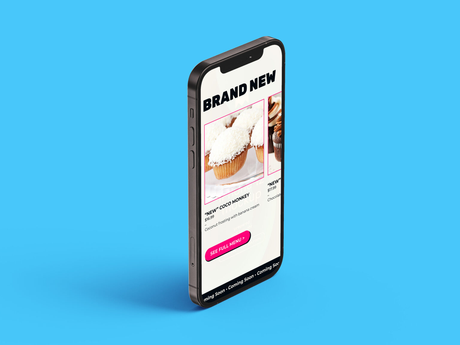 Photo of an iphone upright with the Sugar Rush menu on it. Cyan background.