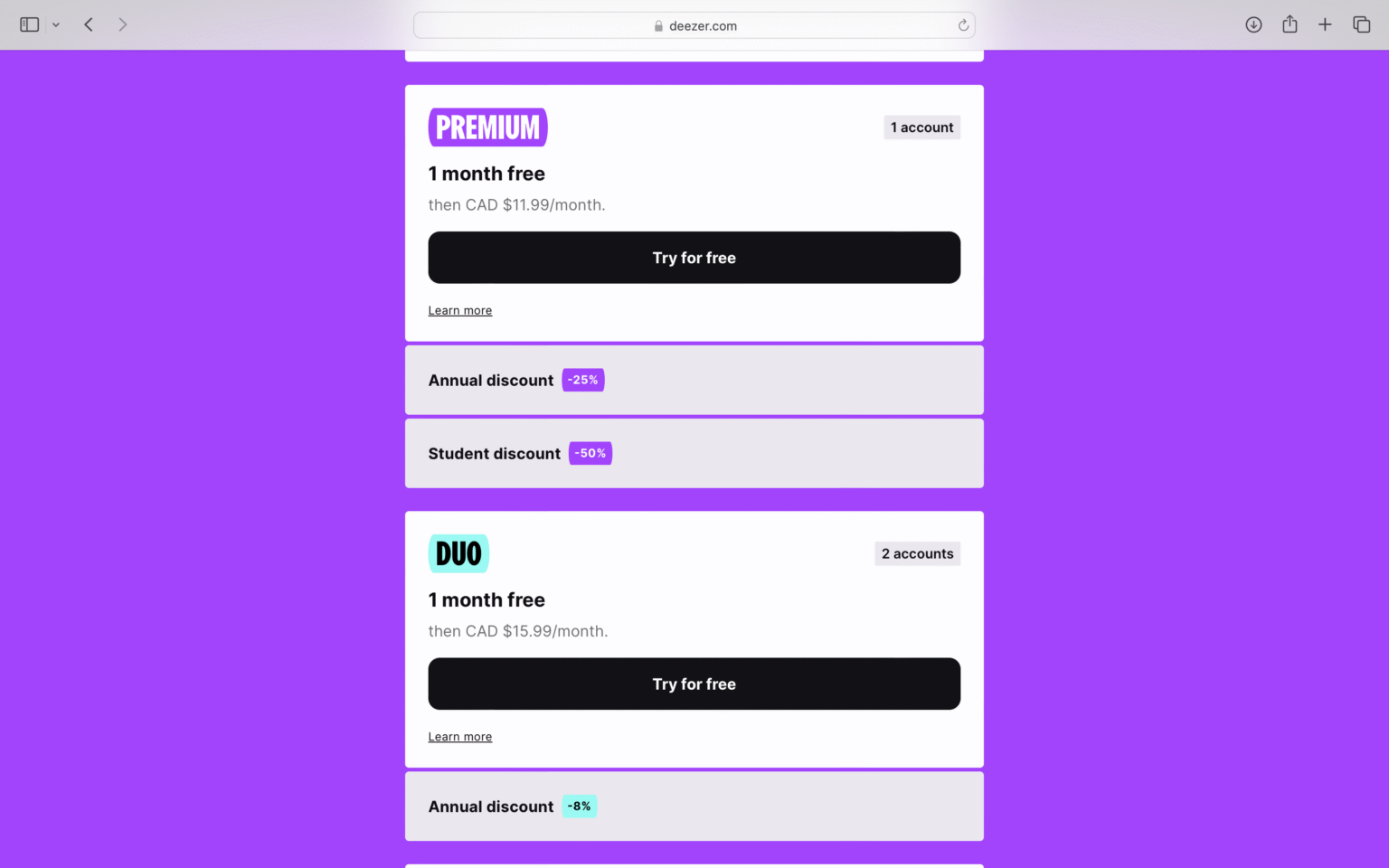 Image of the payment plan page for the old Deezer website.