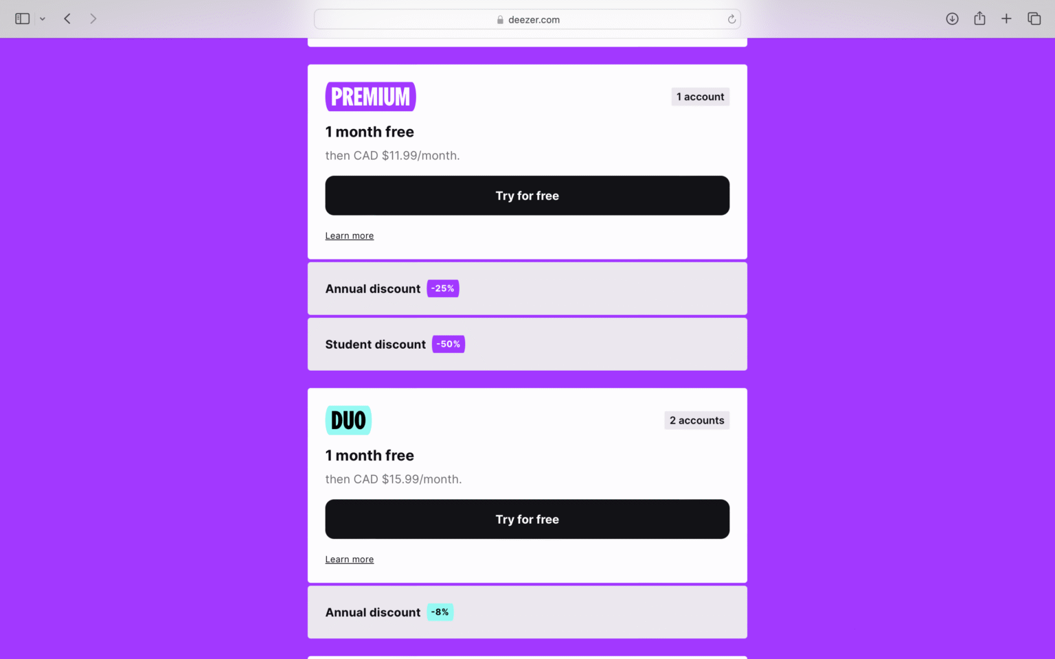 Image of the payment plan page for the old Deezer website.
