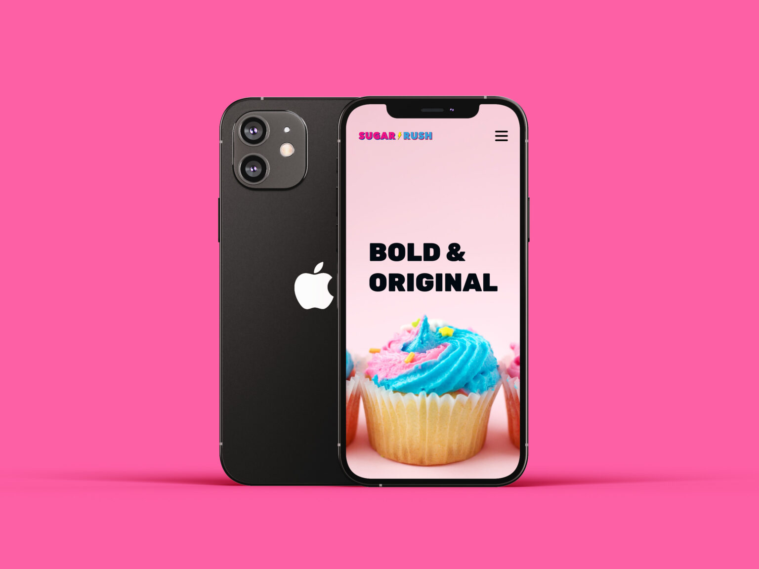 Photo of the two iphones facing forwards and backwards. The screen of the forwards phone has the homepage of the Sugar Rush website on it.